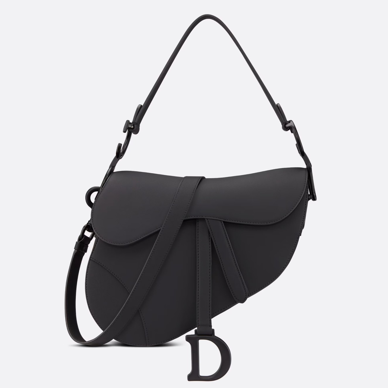 D*or saddle bag with strap in black ultramatte calfskin