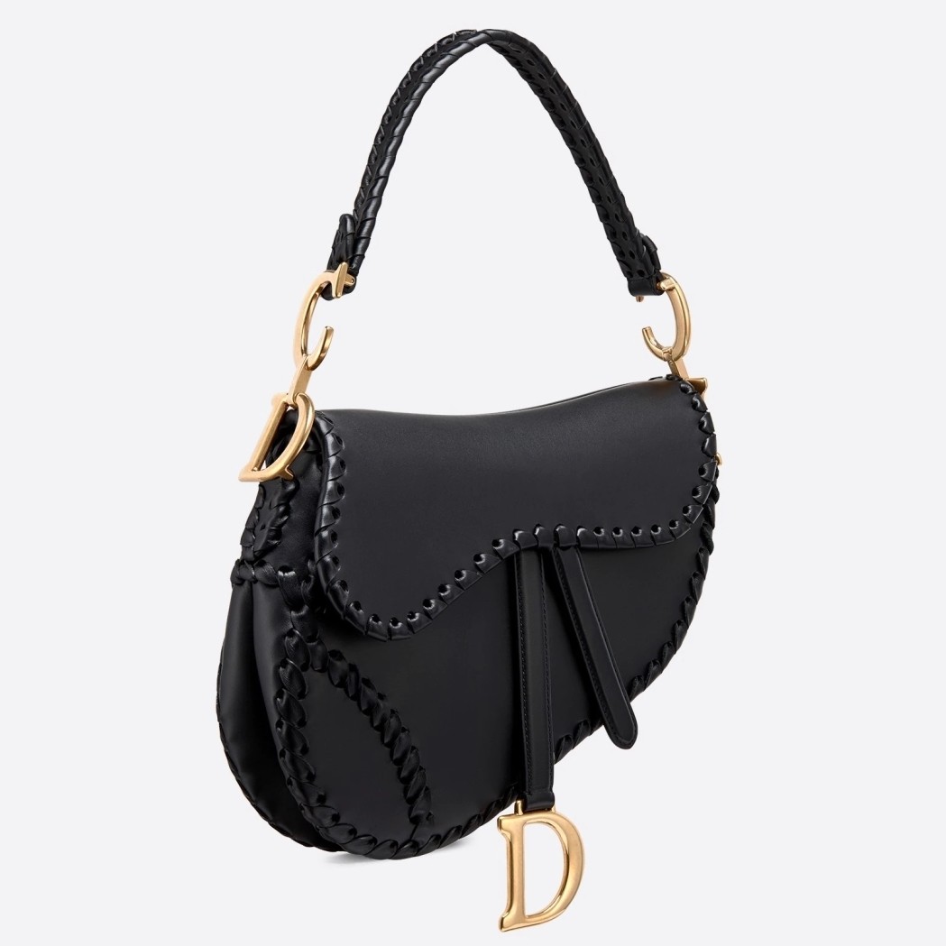 D*or saddle bag in black calfskin with threaded edges