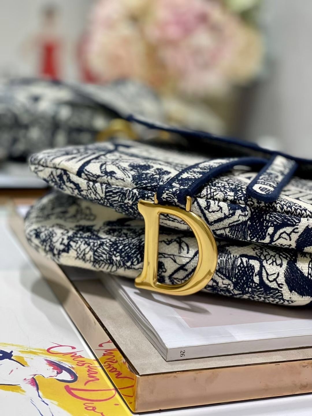 D*or saddle bag in blue toile de jouy embroidery