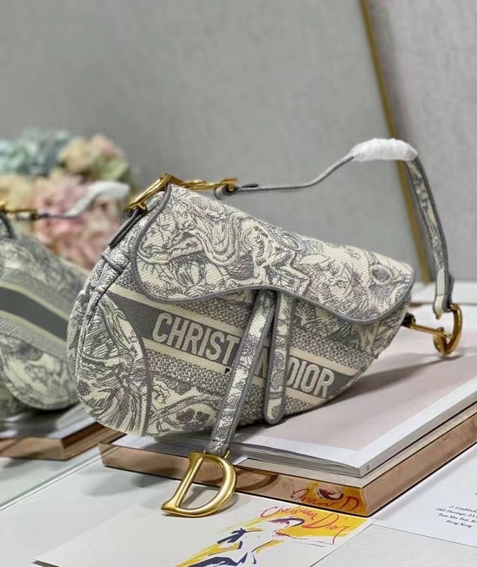 D*or saddle bag in grey toile de jouy embroidery
