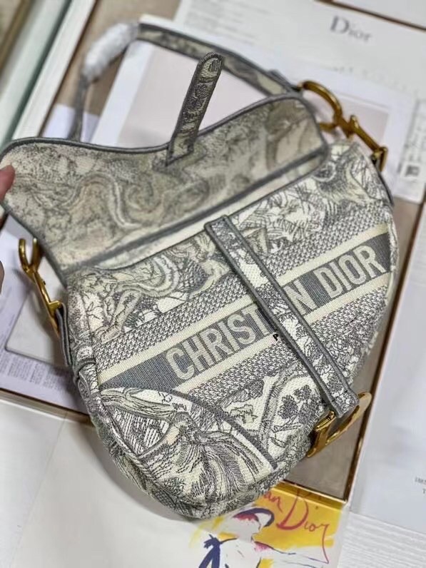 D*or saddle bag in grey toile de jouy embroidery