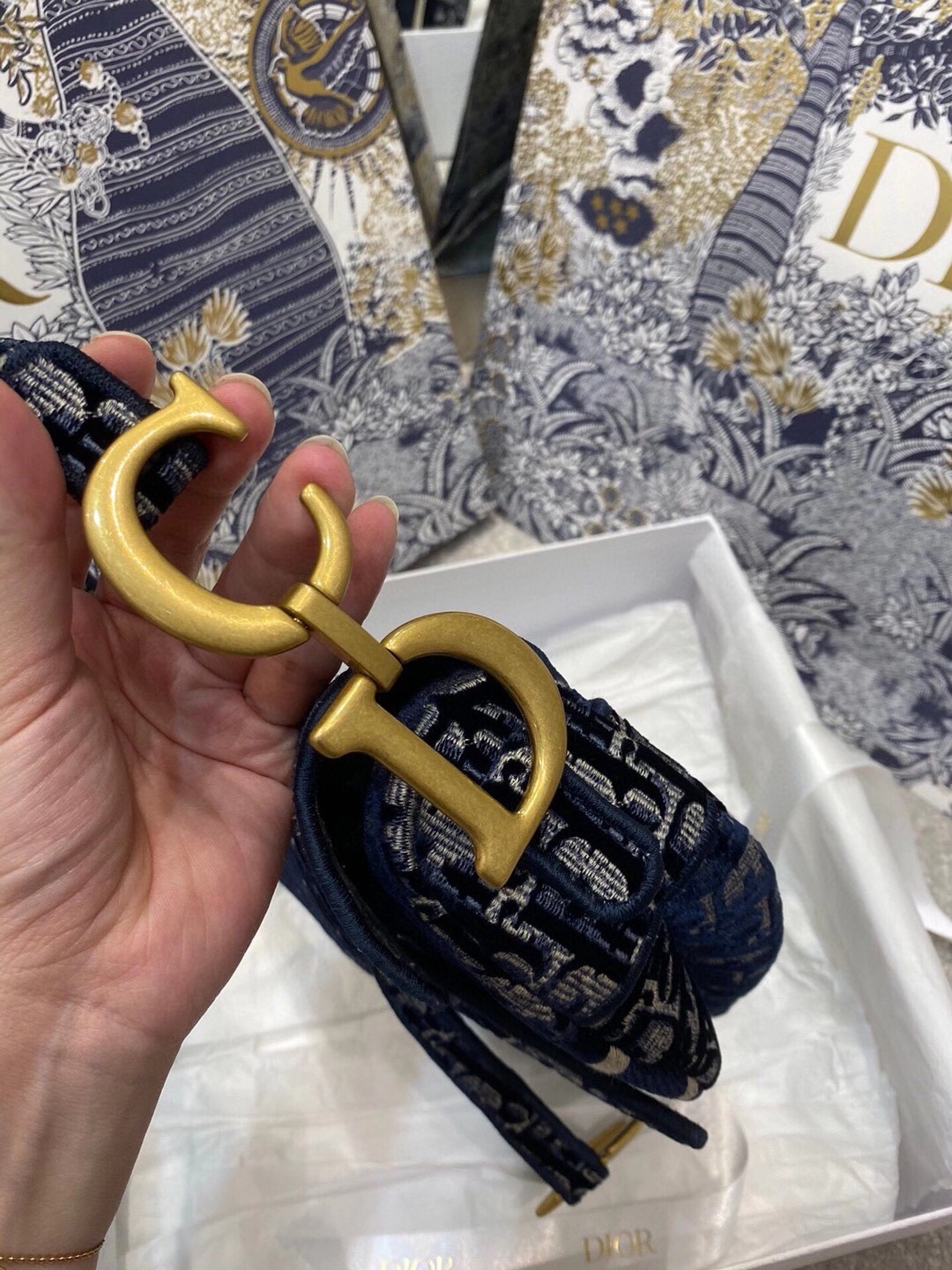D*or saddle bag in blue D*or oblique embroidered velvet