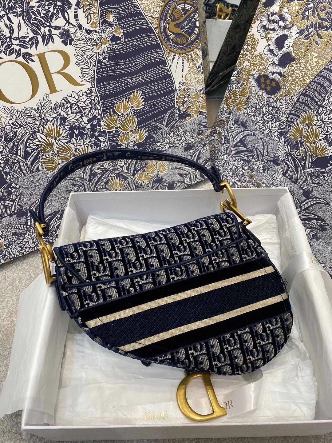 D*or saddle bag in blue D*or oblique embroidered velvet