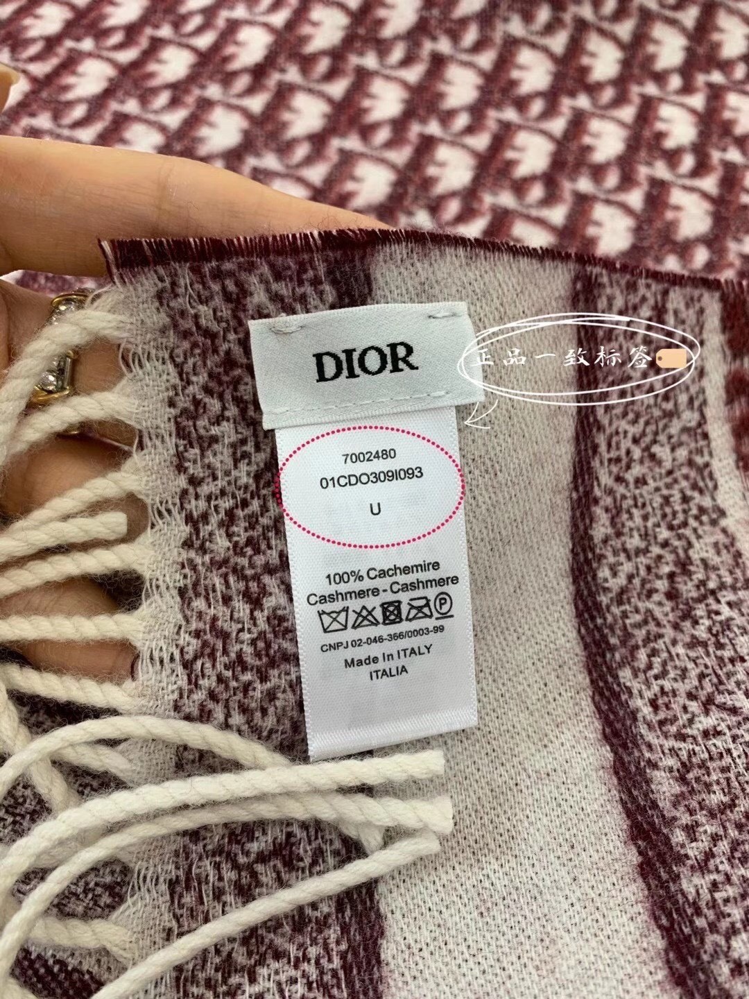 D*or oblique scarf in burgundy cashmere