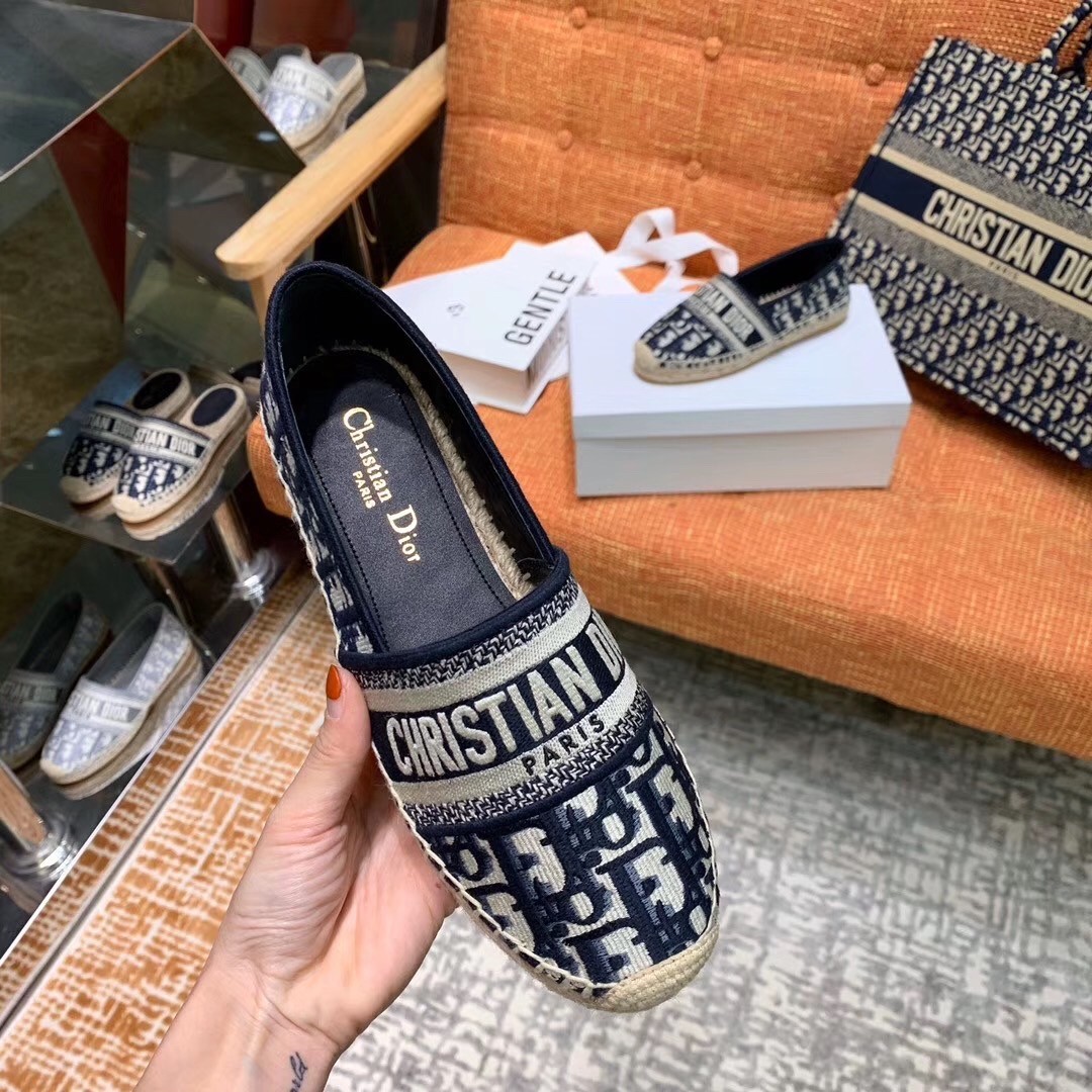D*or granville espadrille in blue oblique embroidered cotton