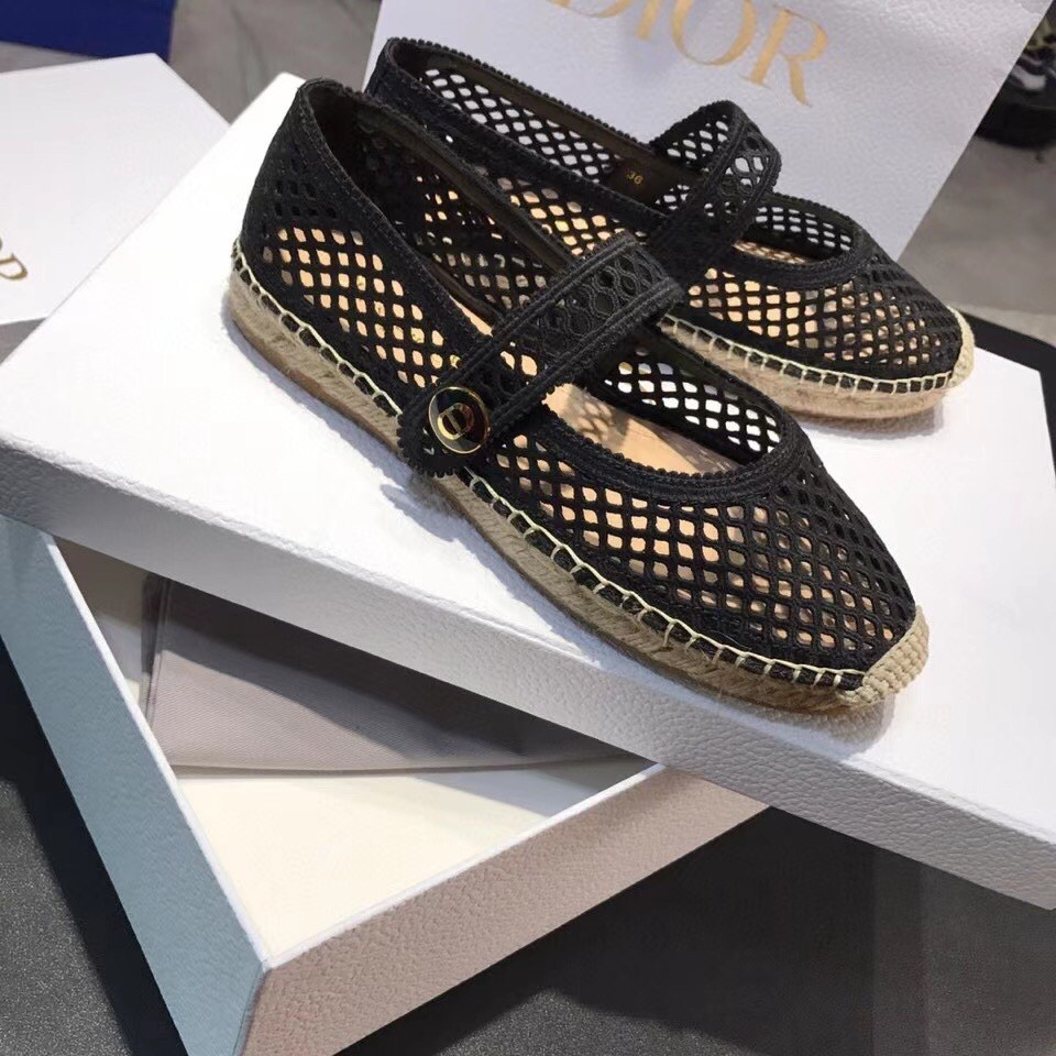 D*or caro espadrille ballerina flat in black mesh embroidery