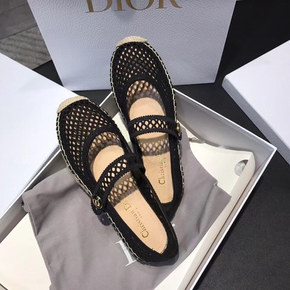 D*or caro espadrille ballerina flat in black mesh embroidery
