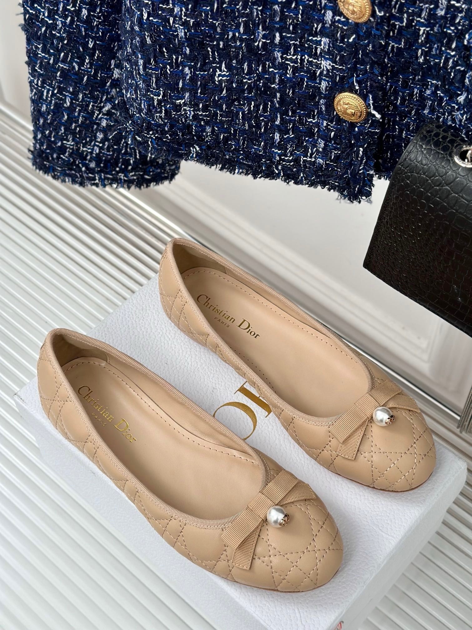 D*or ballerina flats in nude quilted cannage calfskin