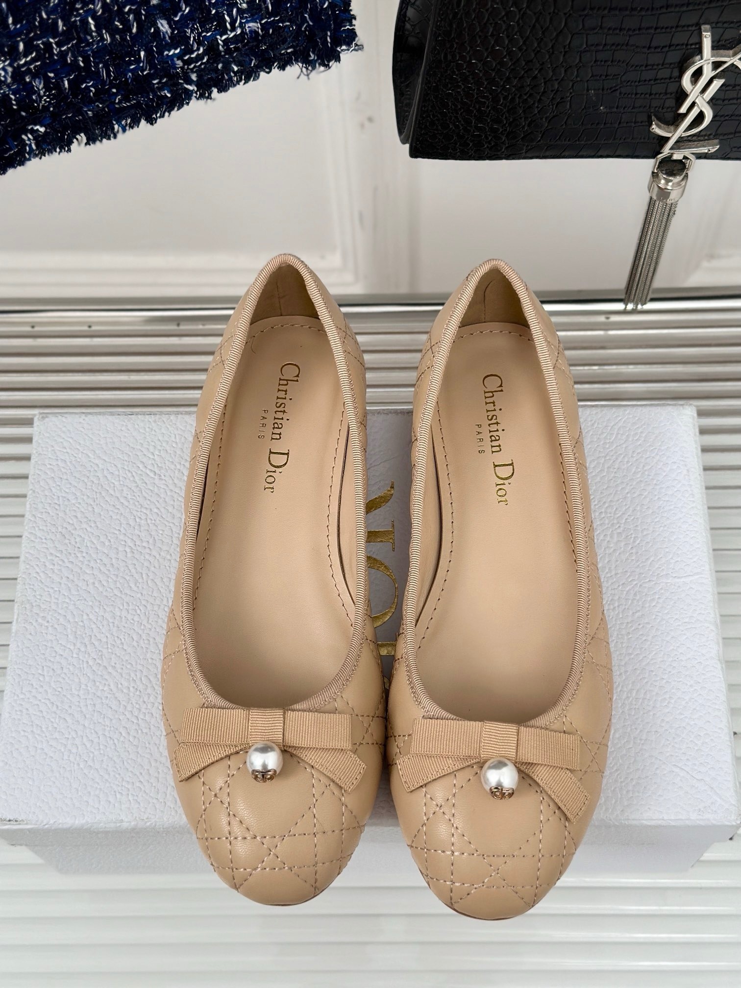 D*or ballerina flats in nude quilted cannage calfskin