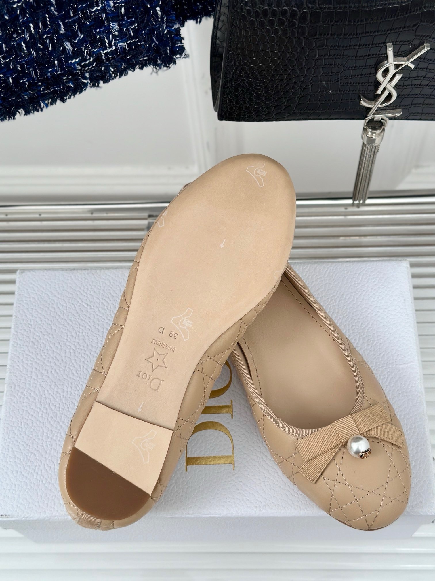 D*or ballerina flats in nude quilted cannage calfskin