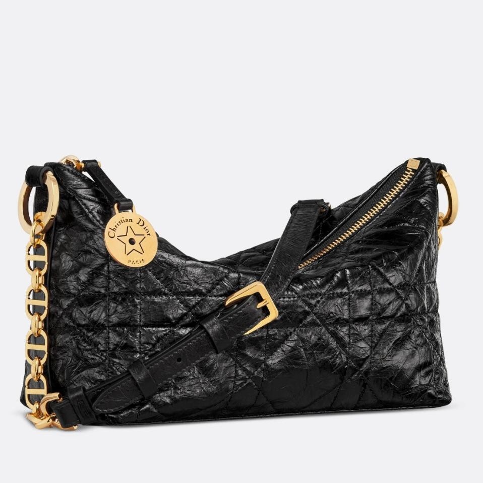 D*or D*orstar hobo bag with chain in black crinkled calfskin