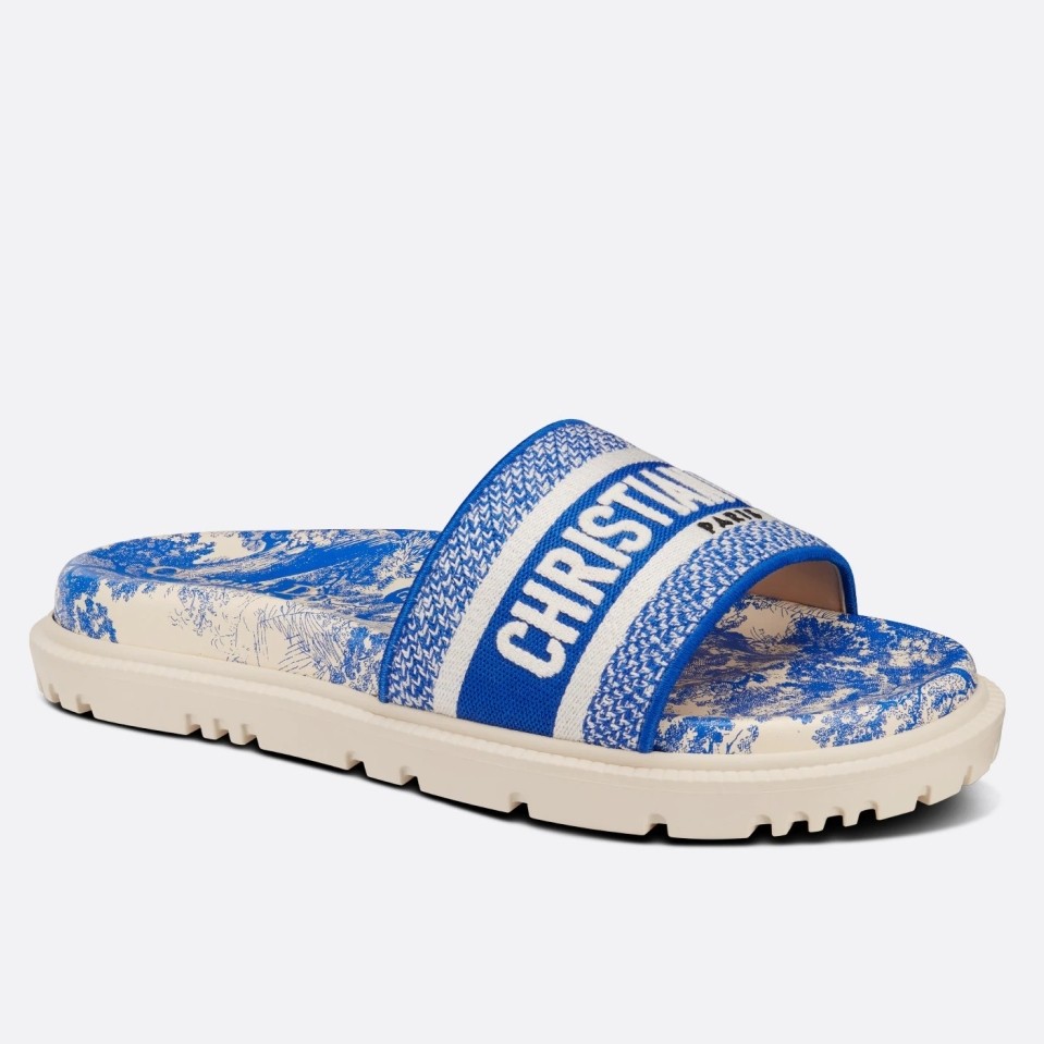 D*or dway slides in bright blue toile de jouy embroidered cotton