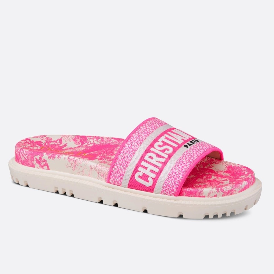 D*or dway slides in bright pink toile de jouy embroidered cotton