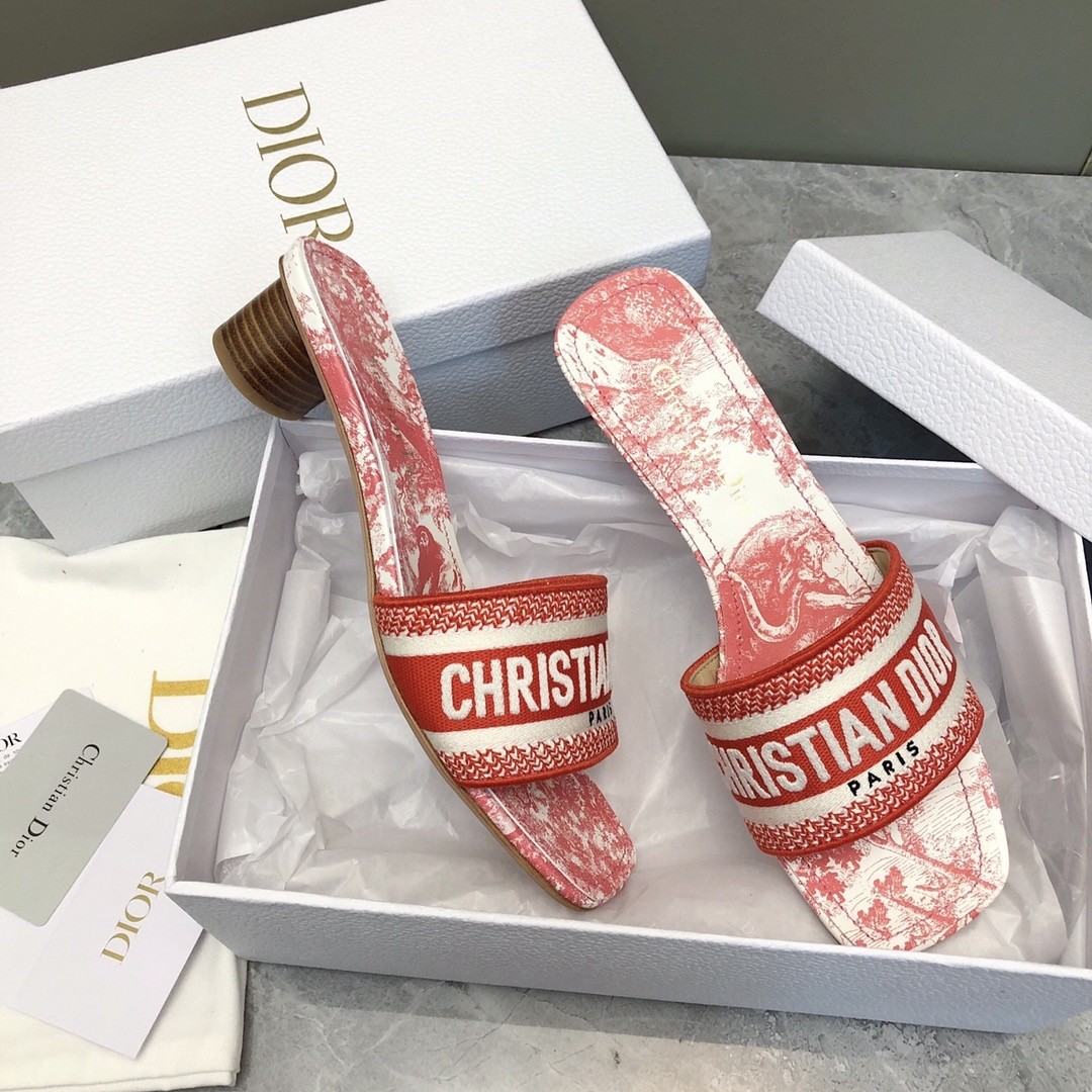 D*or D*oriviera dway heeled 35mm slides in coral toile de jouy sauvage cotton