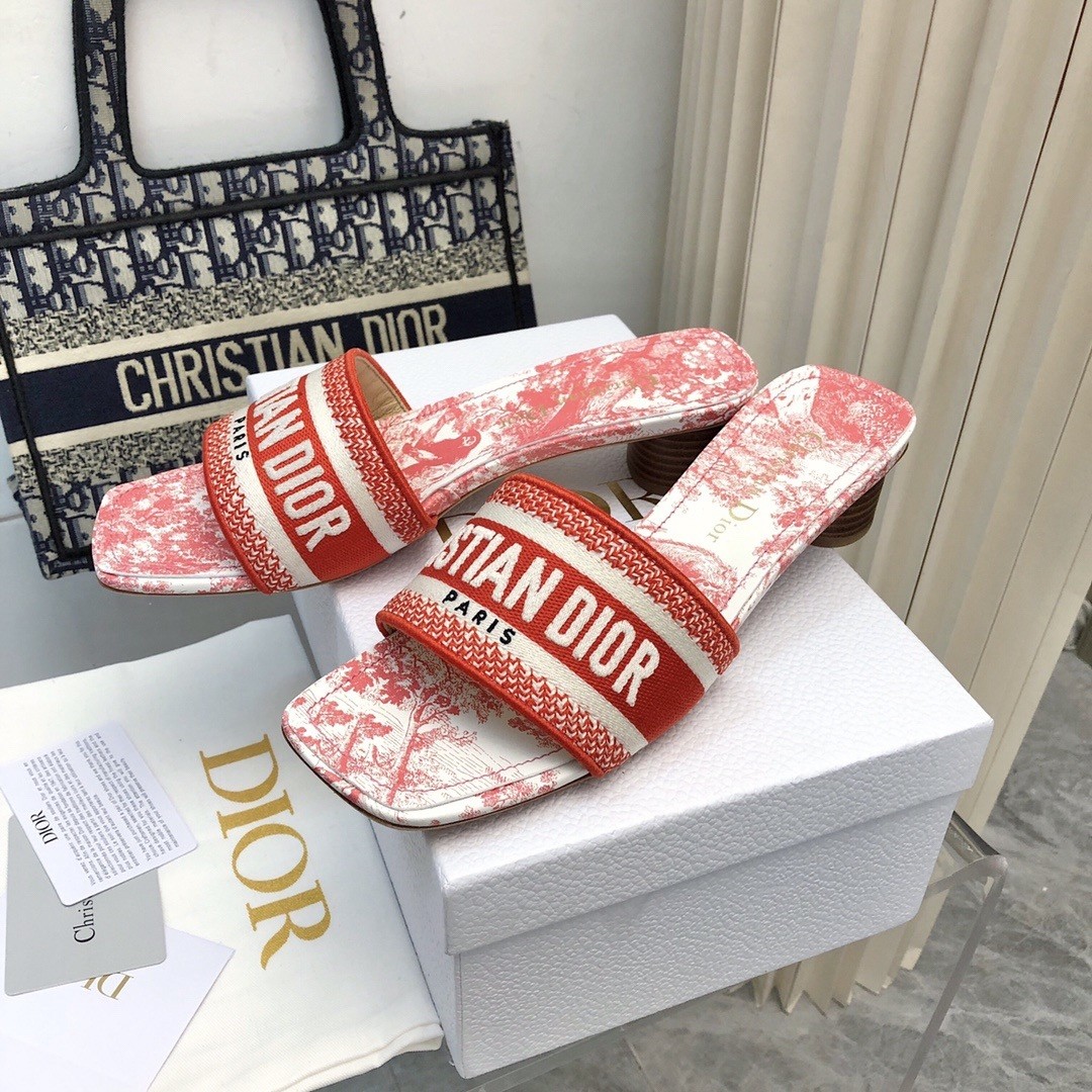 D*or D*oriviera dway heeled 35mm slides in coral toile de jouy sauvage cotton
