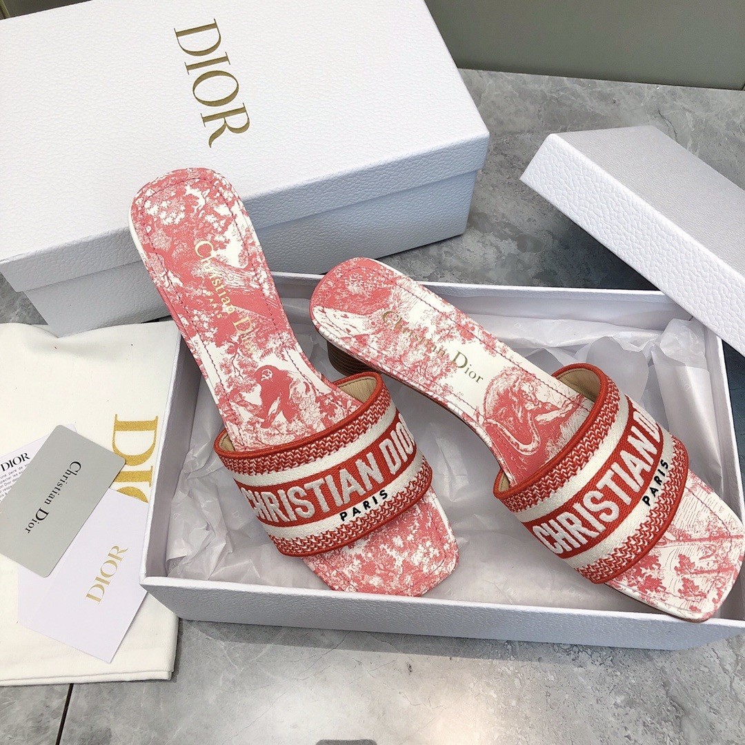D*or D*oriviera dway heeled 35mm slides in coral toile de jouy sauvage cotton