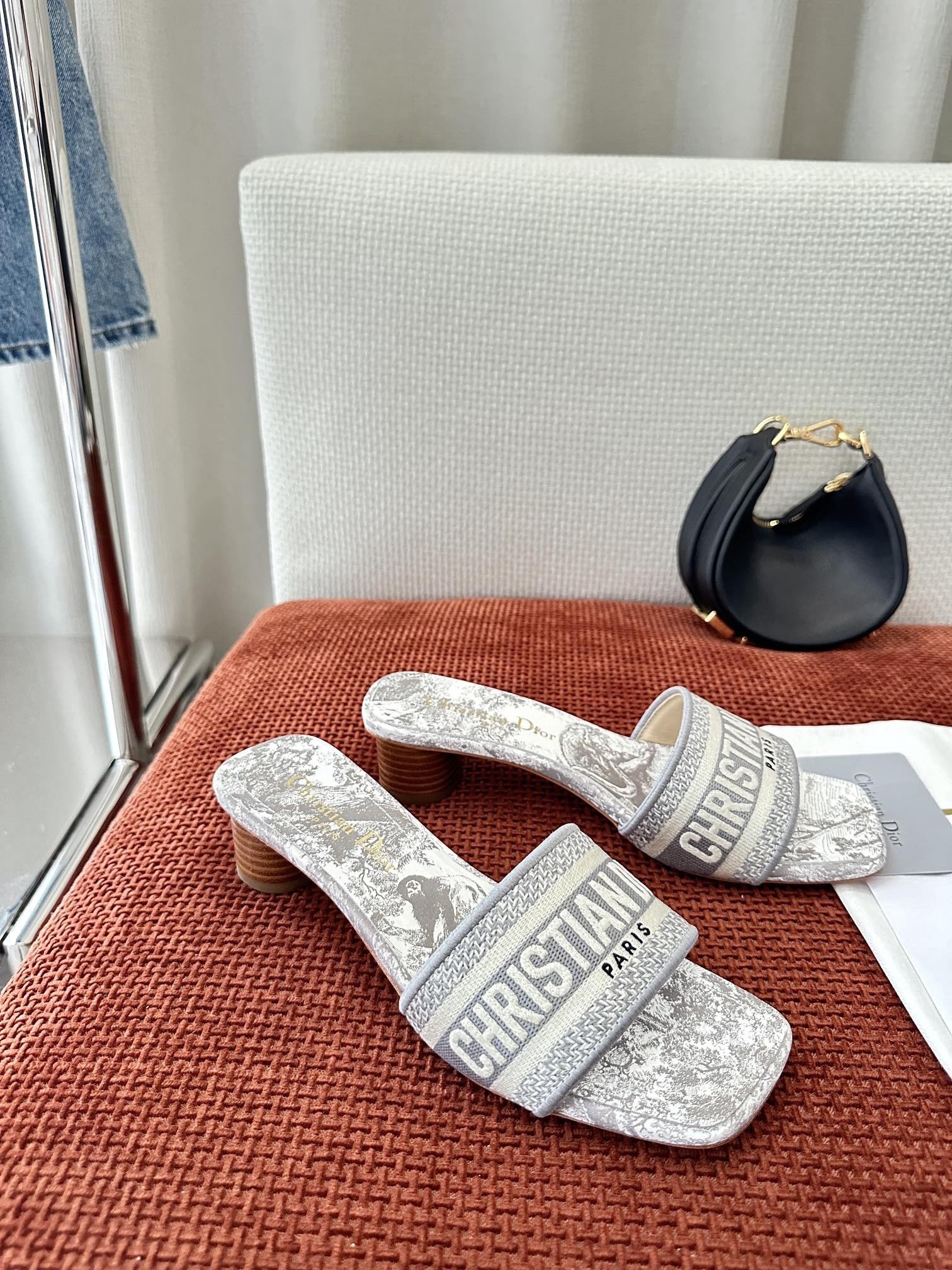 D*or D*oriviera dway heeled 35mm slides in grey toile de jouy sauvage cotton
