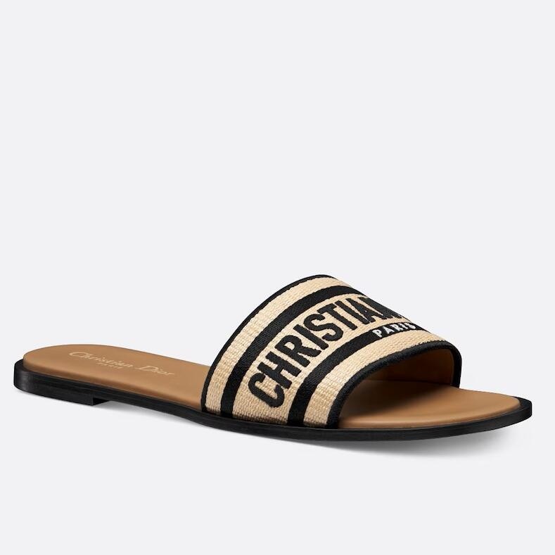 D*or dway slides in natural raffia and embroidered cotton