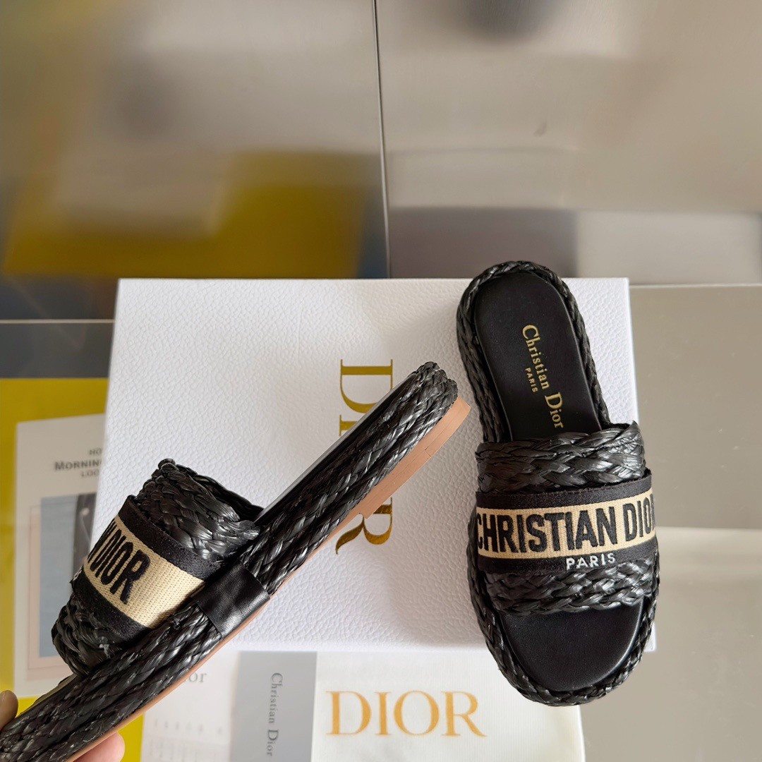 D*or dway slides in black embroidered raffia and cotton