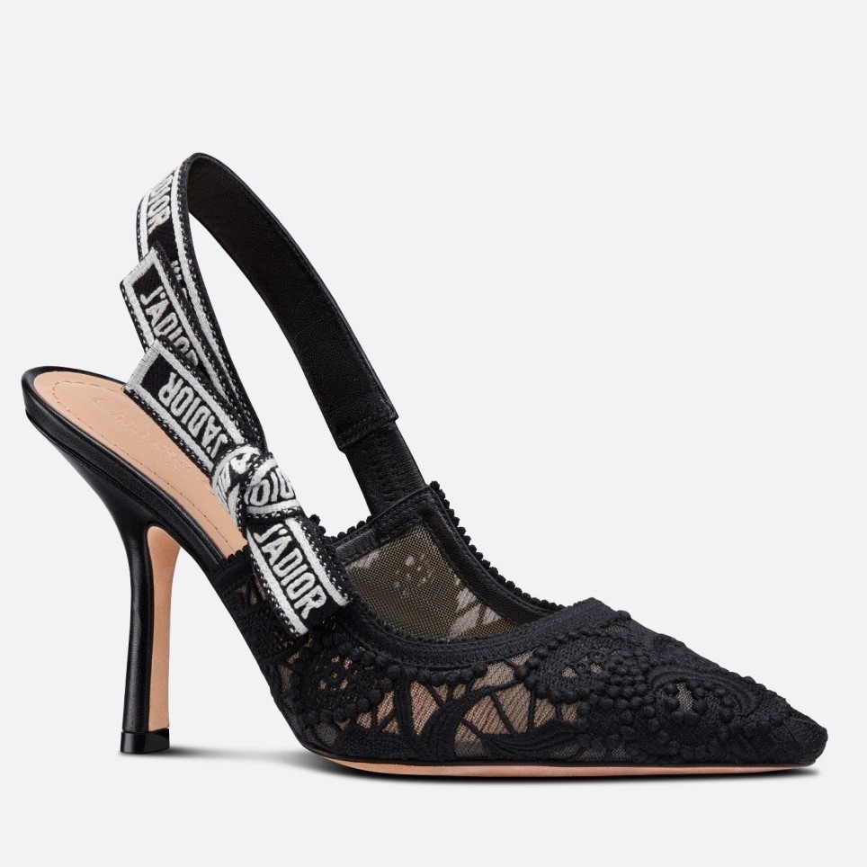 D*or j''aD*or slingback pumps 100mm in black macrame embroidered cotton