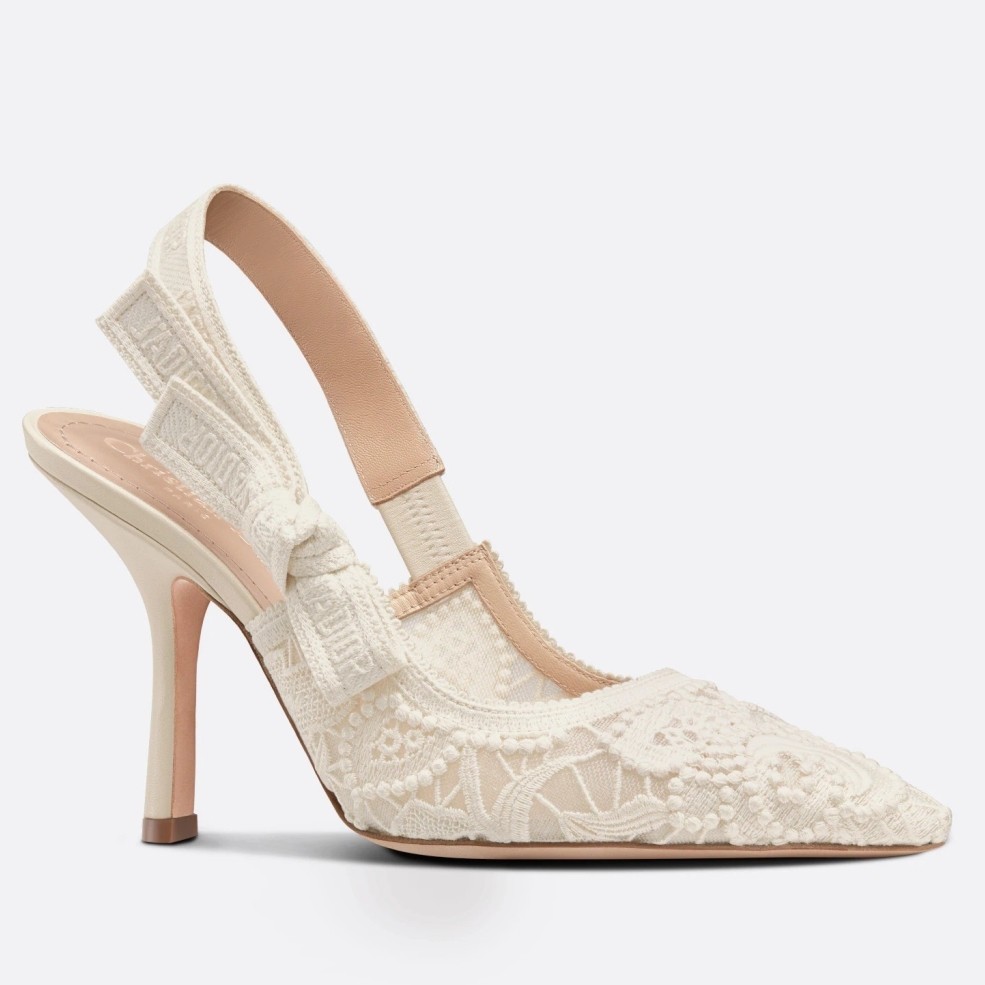 D*or j''aD*or slingback pumps 100mm in white macrame embroidered cotton