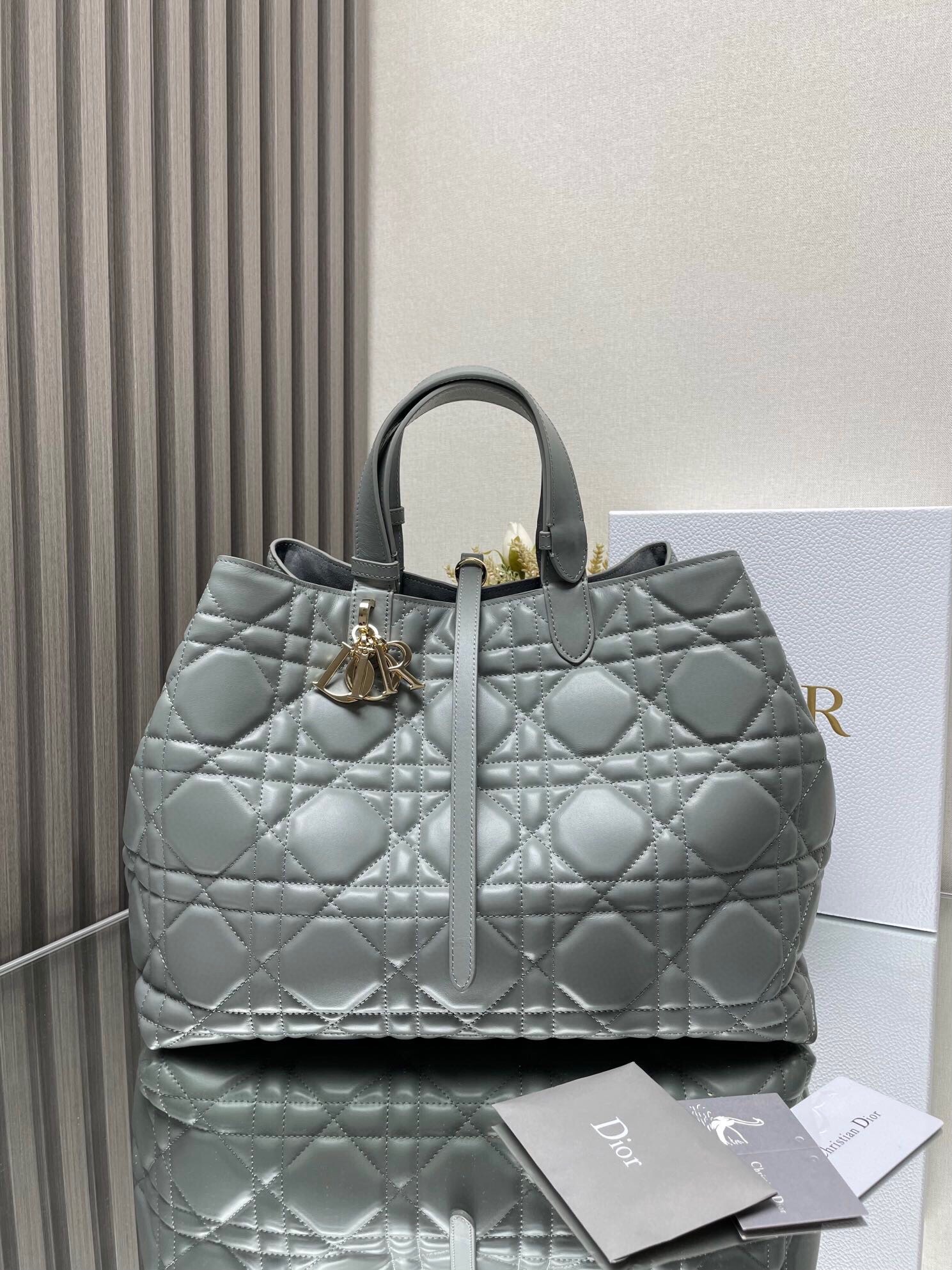 D*or toujours large bag in grey macrocannage calfskin