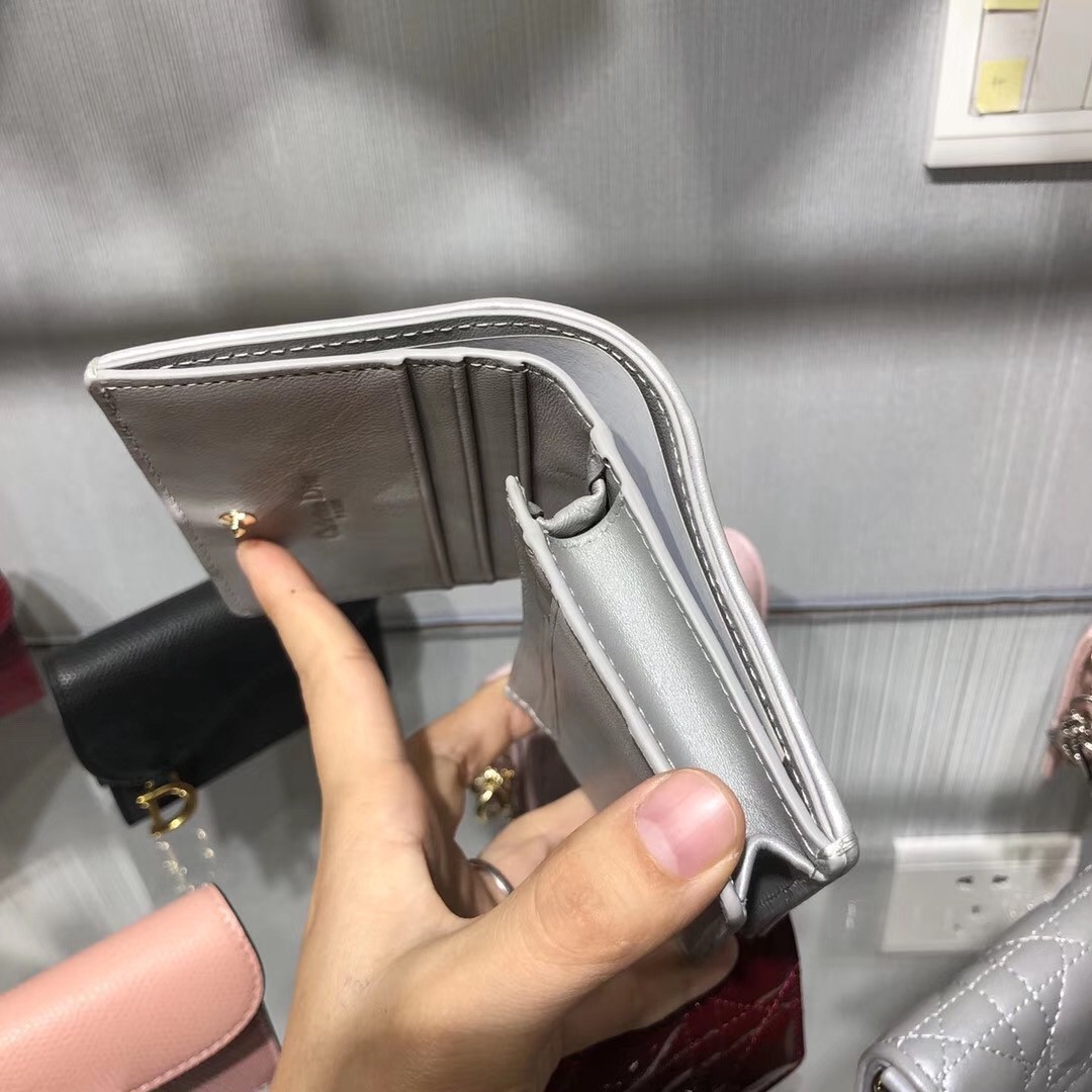 D*or mini lady D*or wallet in opal grey pearly lambskin