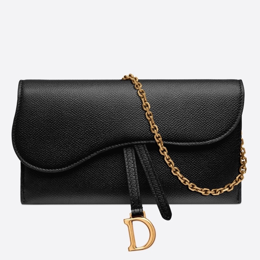 D*or saddle chain wallet in black grained leather
