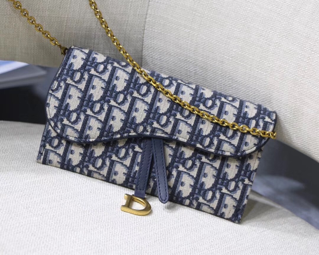 D*or saddle chain wallet in blue oblique canvas