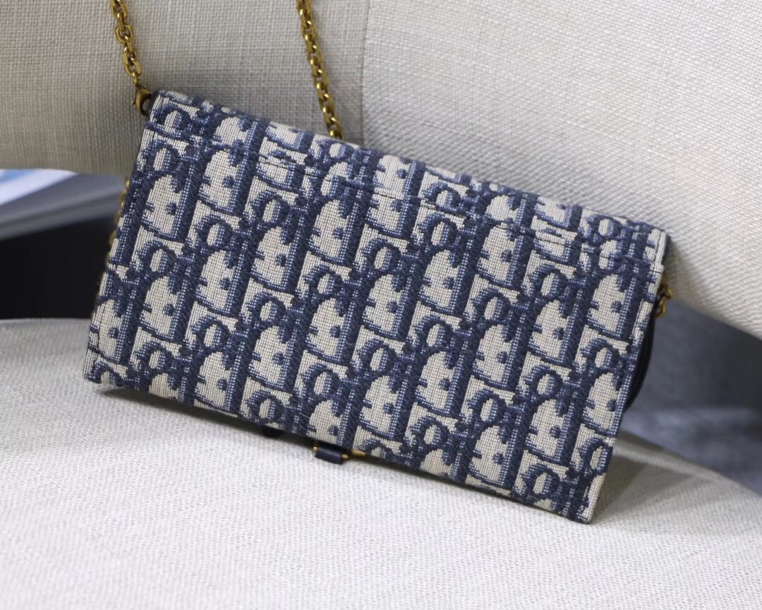 D*or saddle chain wallet in blue oblique canvas