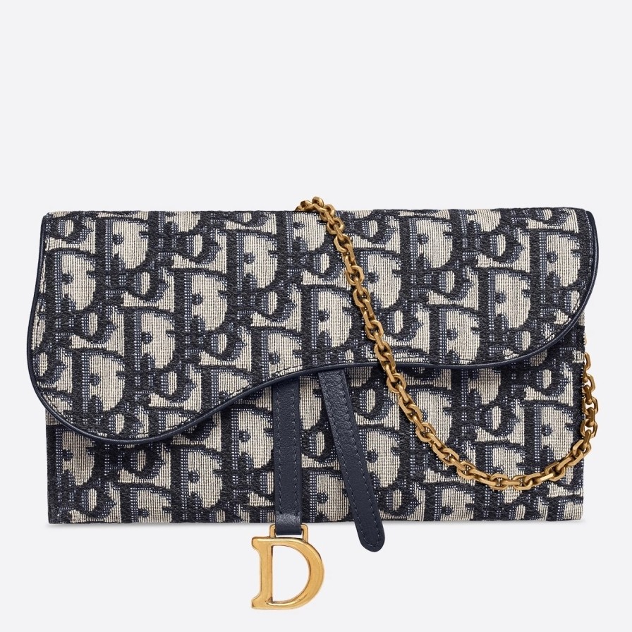 D*or saddle chain wallet in blue oblique canvas