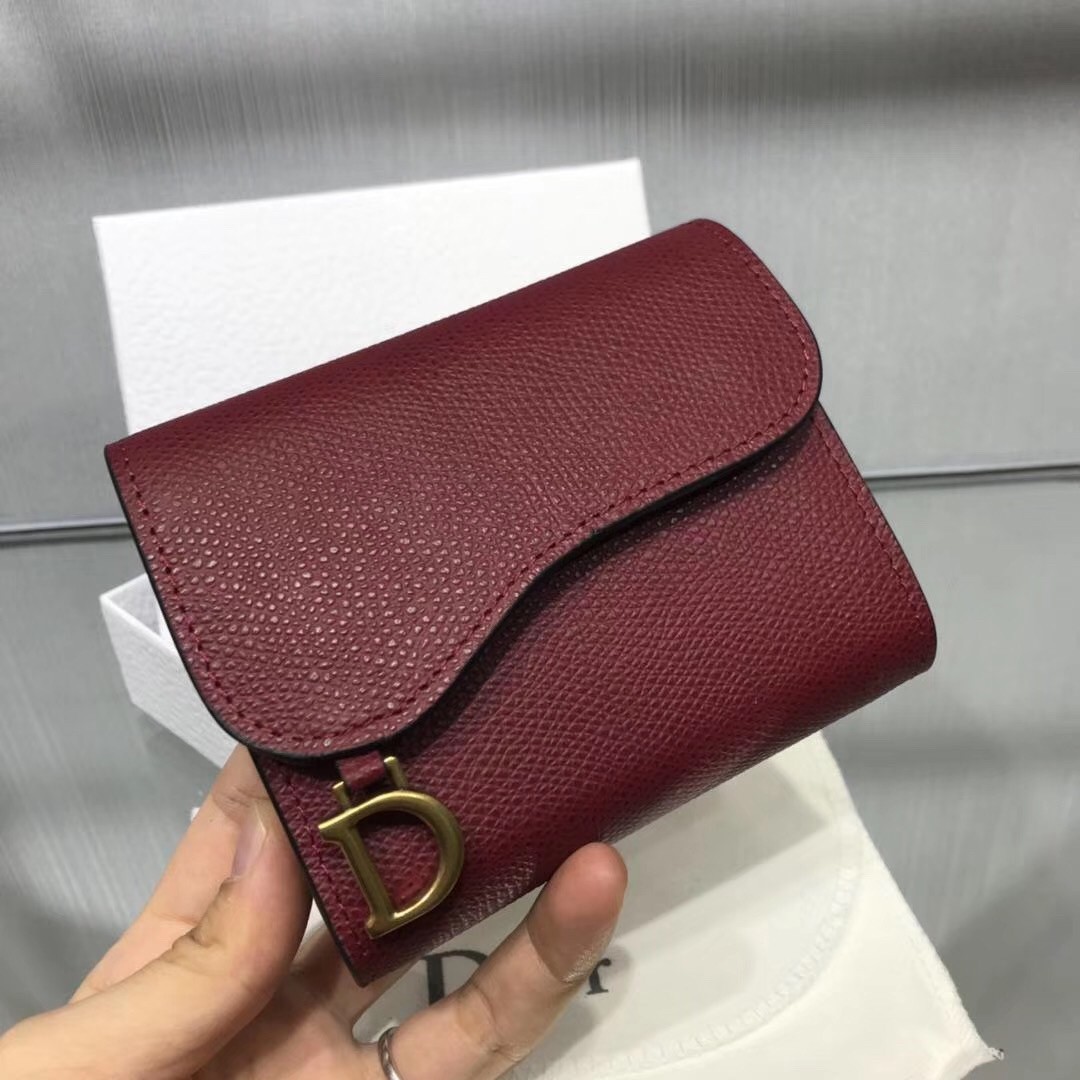 D*or mini saddle tri-fold wallet in scarlet red calfskin
