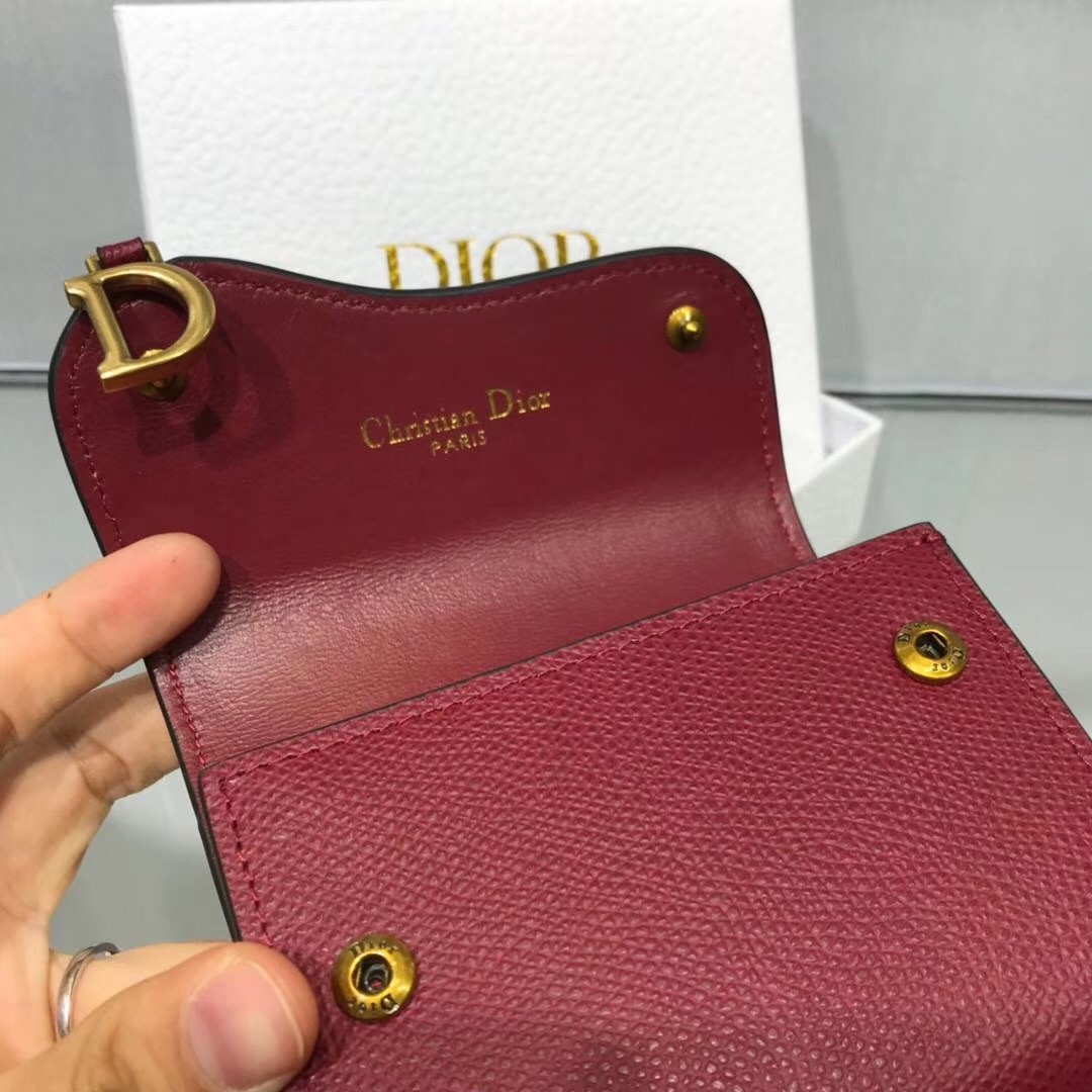 D*or mini saddle tri-fold wallet in scarlet red calfskin