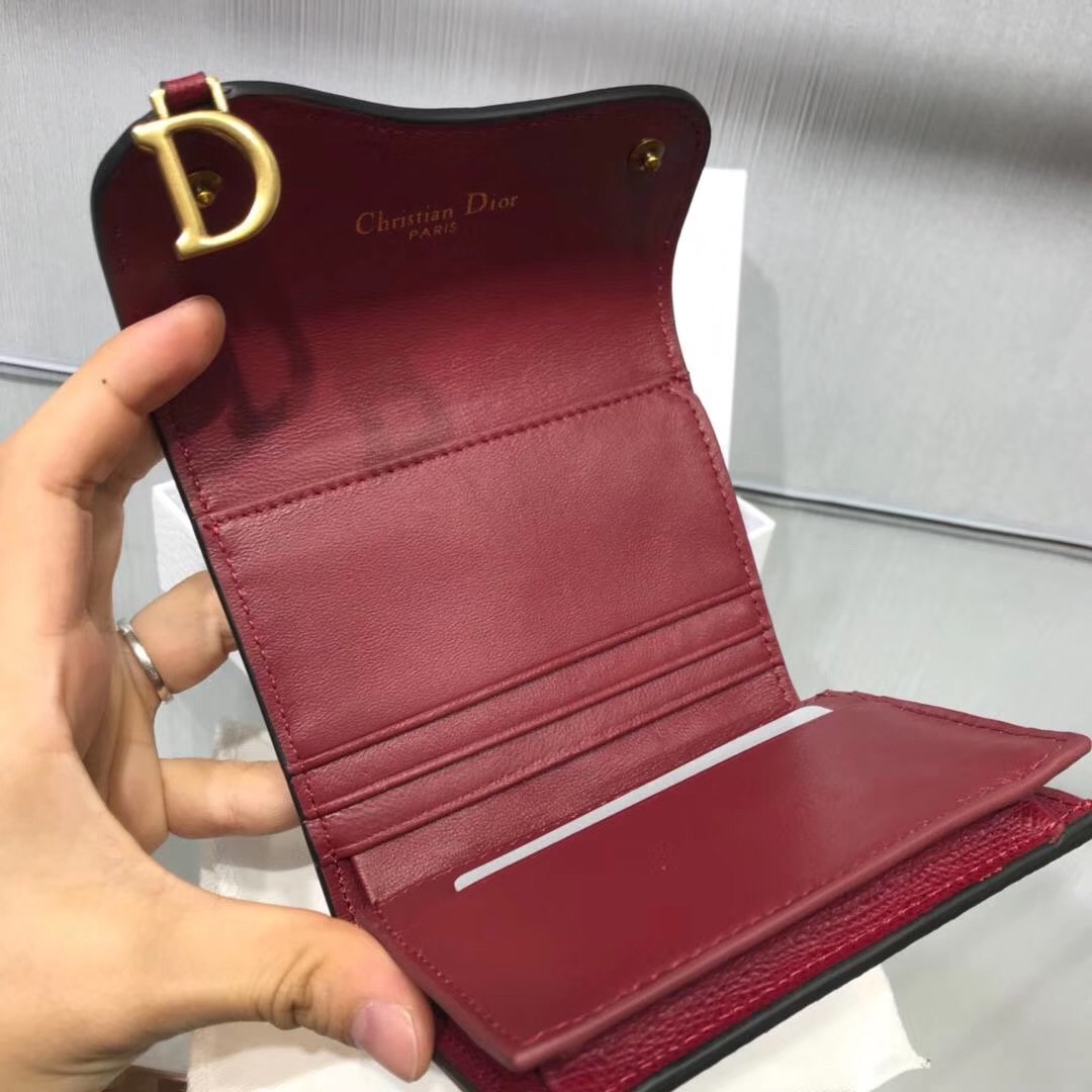 D*or mini saddle tri-fold wallet in scarlet red calfskin