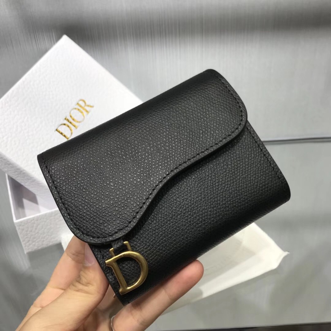 D*or mini saddle tri-fold wallet in black calfskin