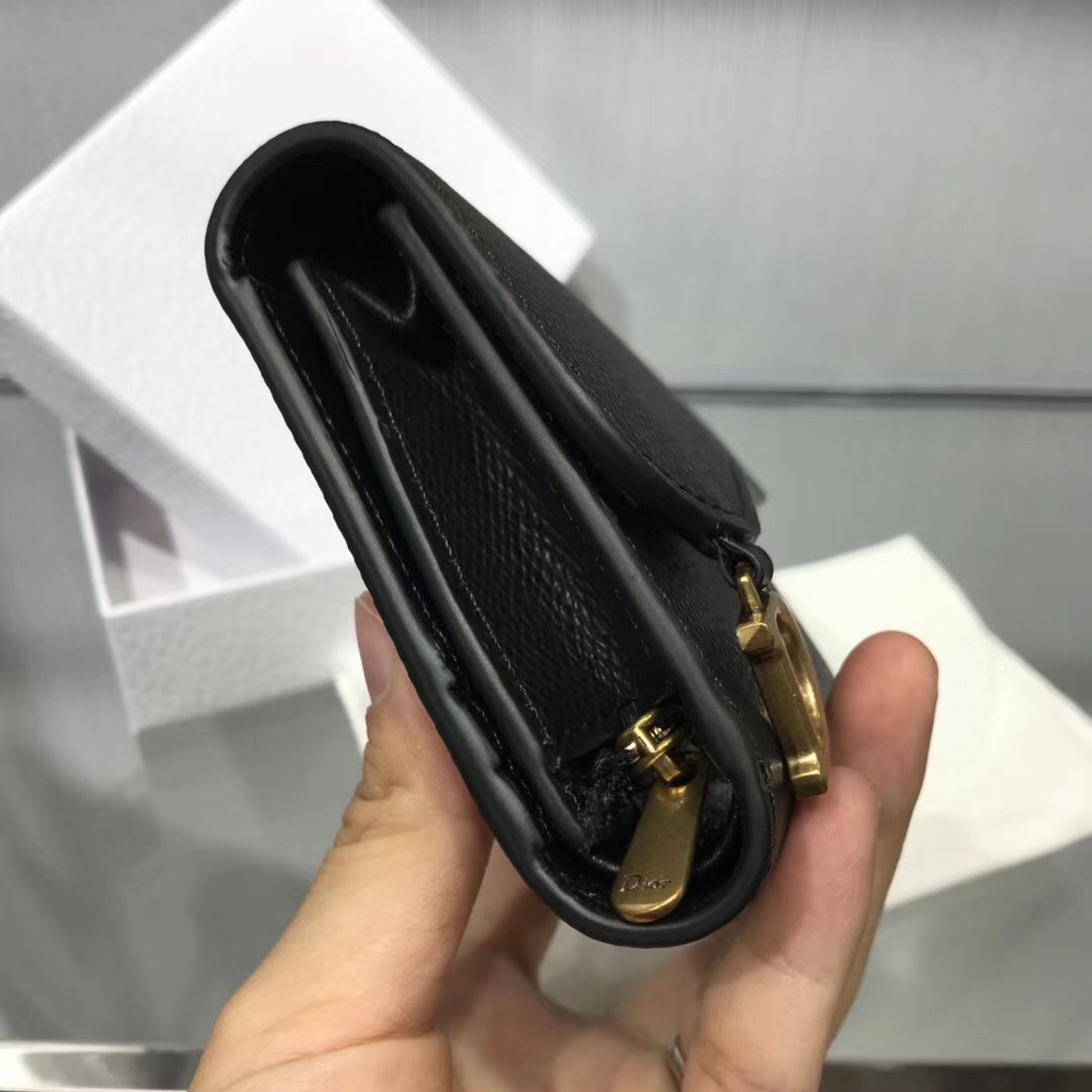 D*or mini saddle tri-fold wallet in black calfskin
