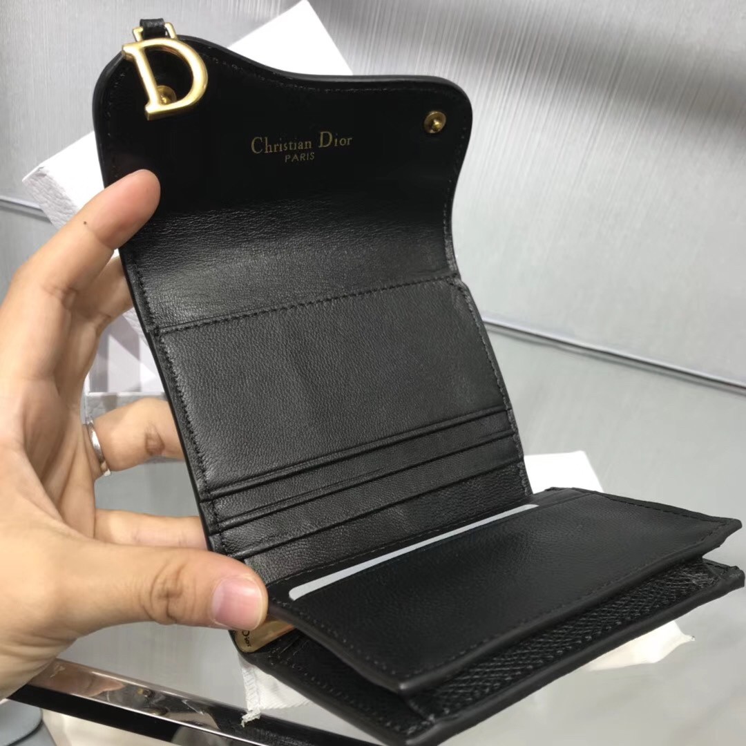 D*or mini saddle tri-fold wallet in black calfskin