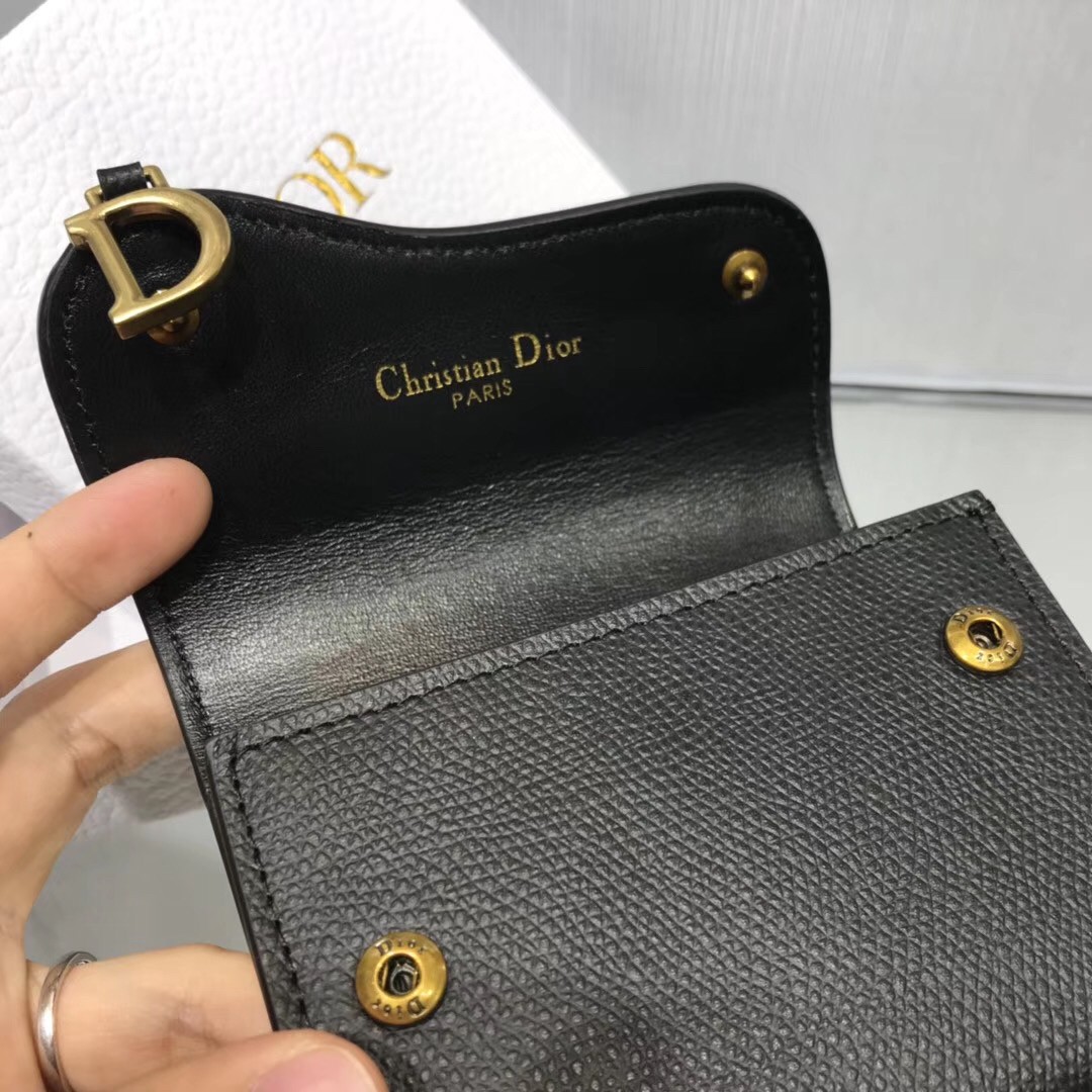 D*or mini saddle tri-fold wallet in black calfskin