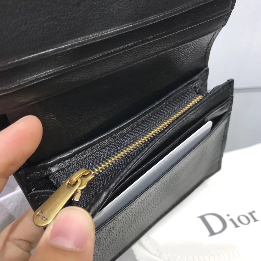 D*or mini saddle tri-fold wallet in black calfskin