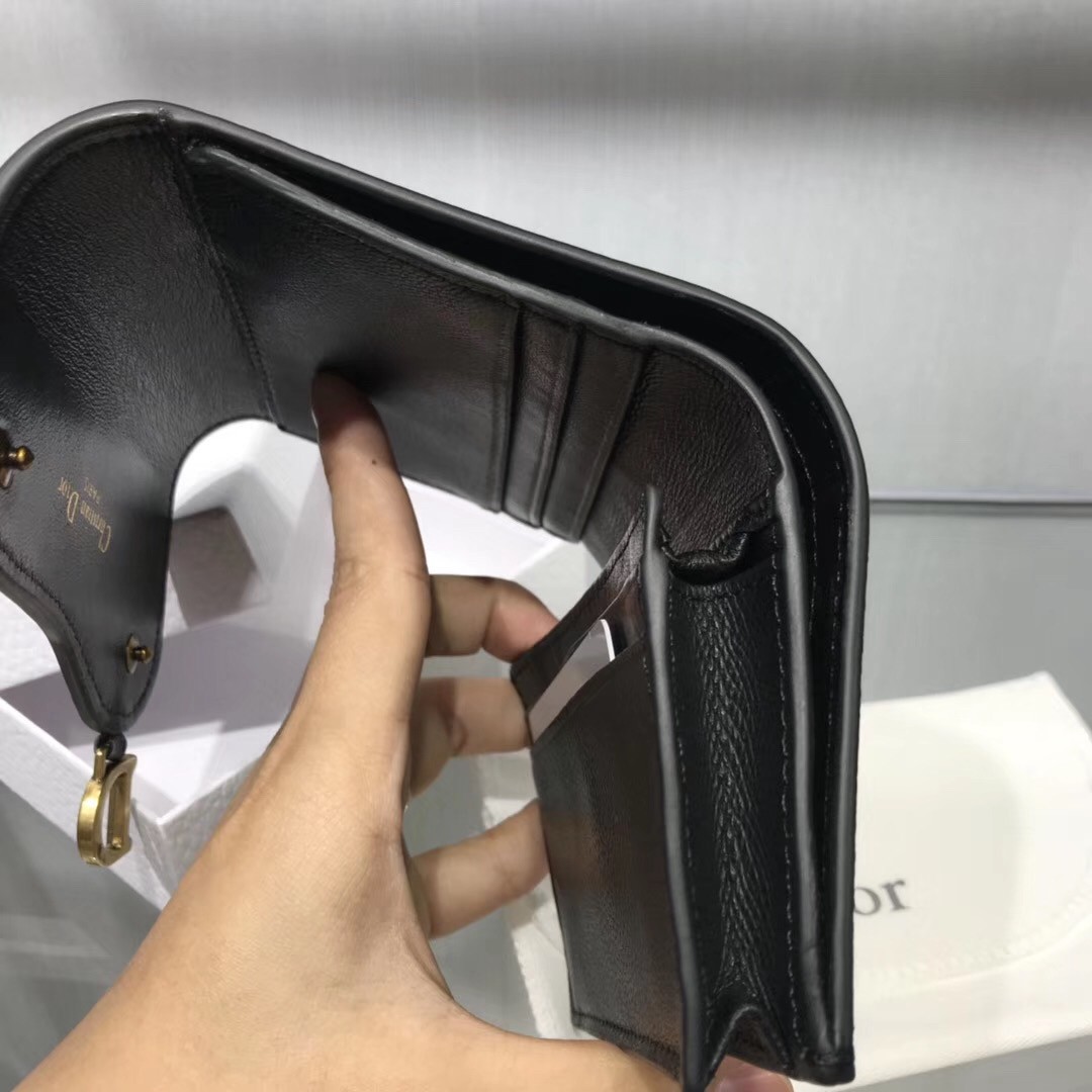 D*or mini saddle tri-fold wallet in black calfskin
