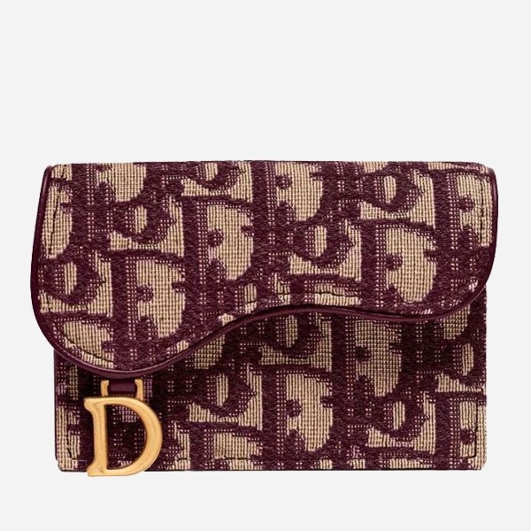D*or mini saddle tri-fold wallet in bordeaux oblique canvas