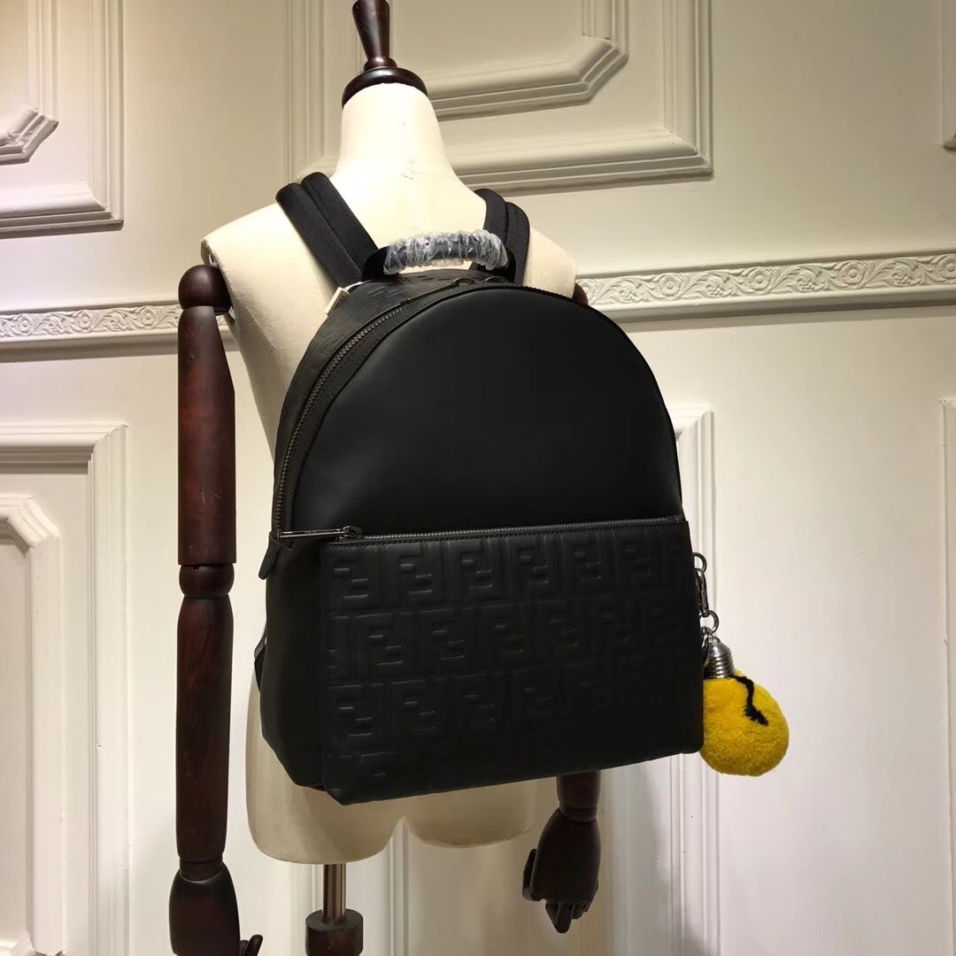 F**di black large logo-embossed leather backpack