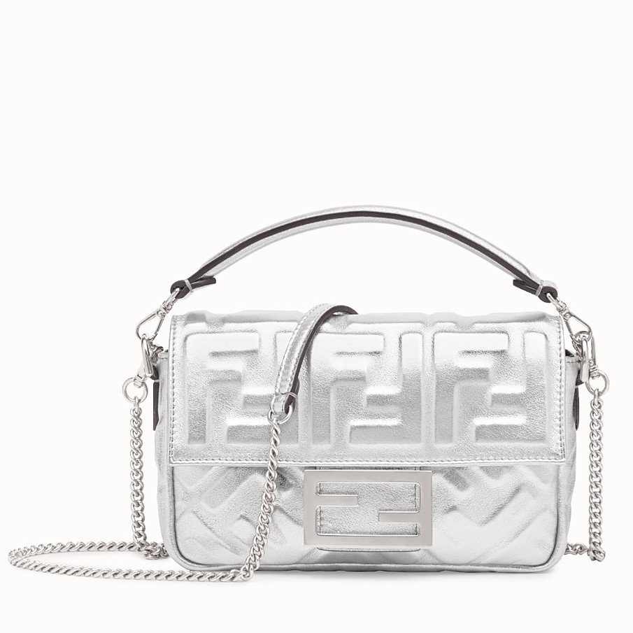 F**di baguette mini bag in silver lambskin with ff motif