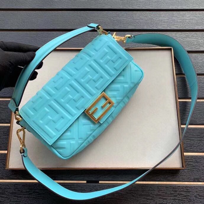 F**di pale blue ff motif medium baguette bag