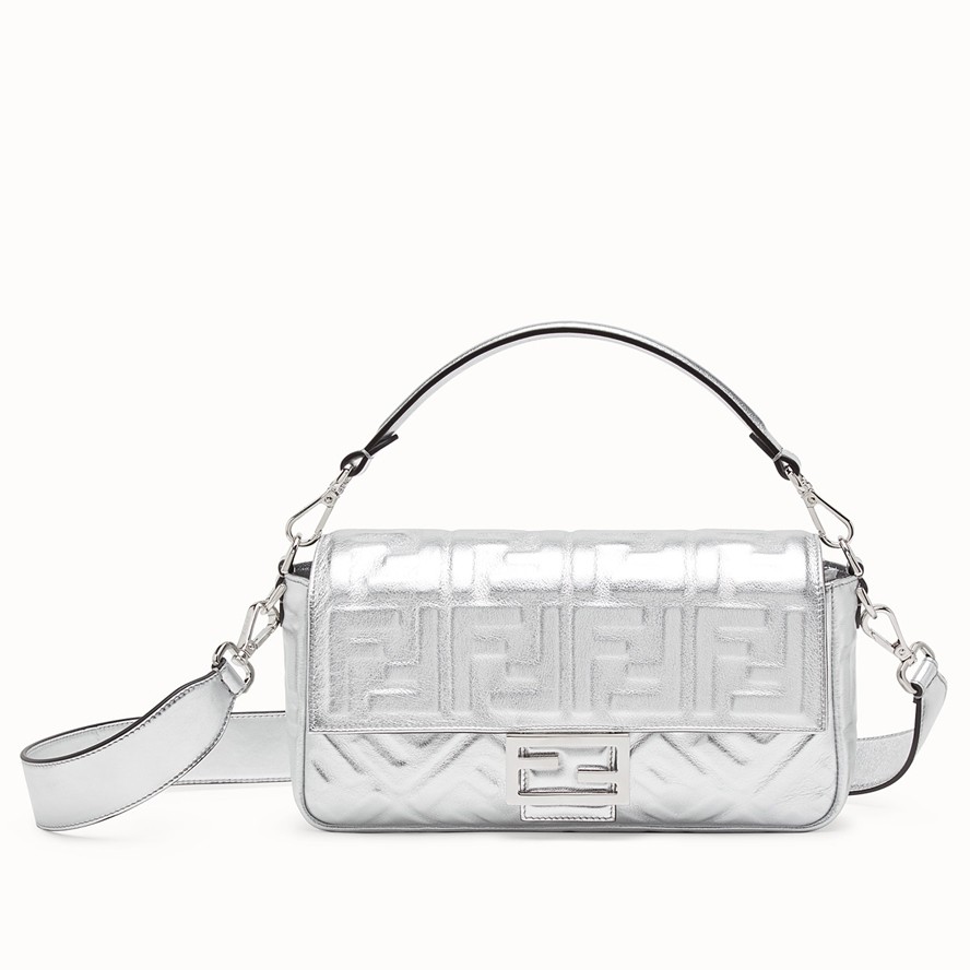 F**di baguette medium bag in silver lambskin with ff motif