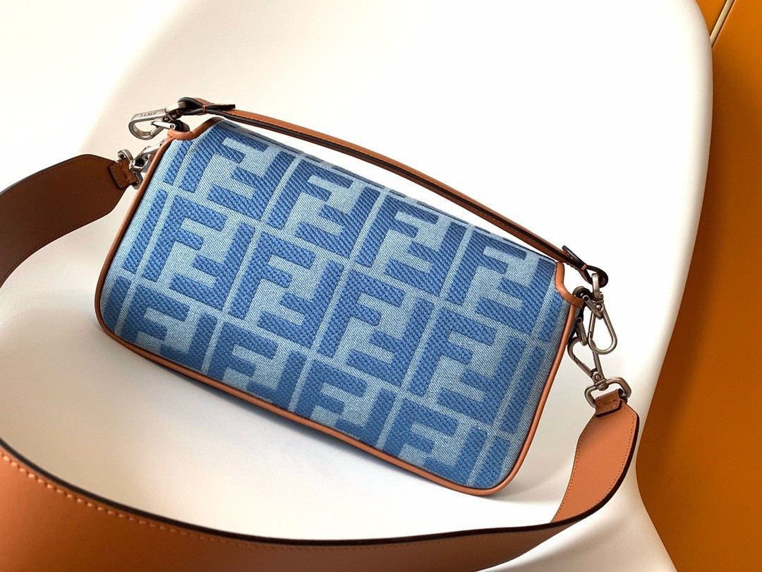 F**di baguette medium bag in denim with ff embroidery