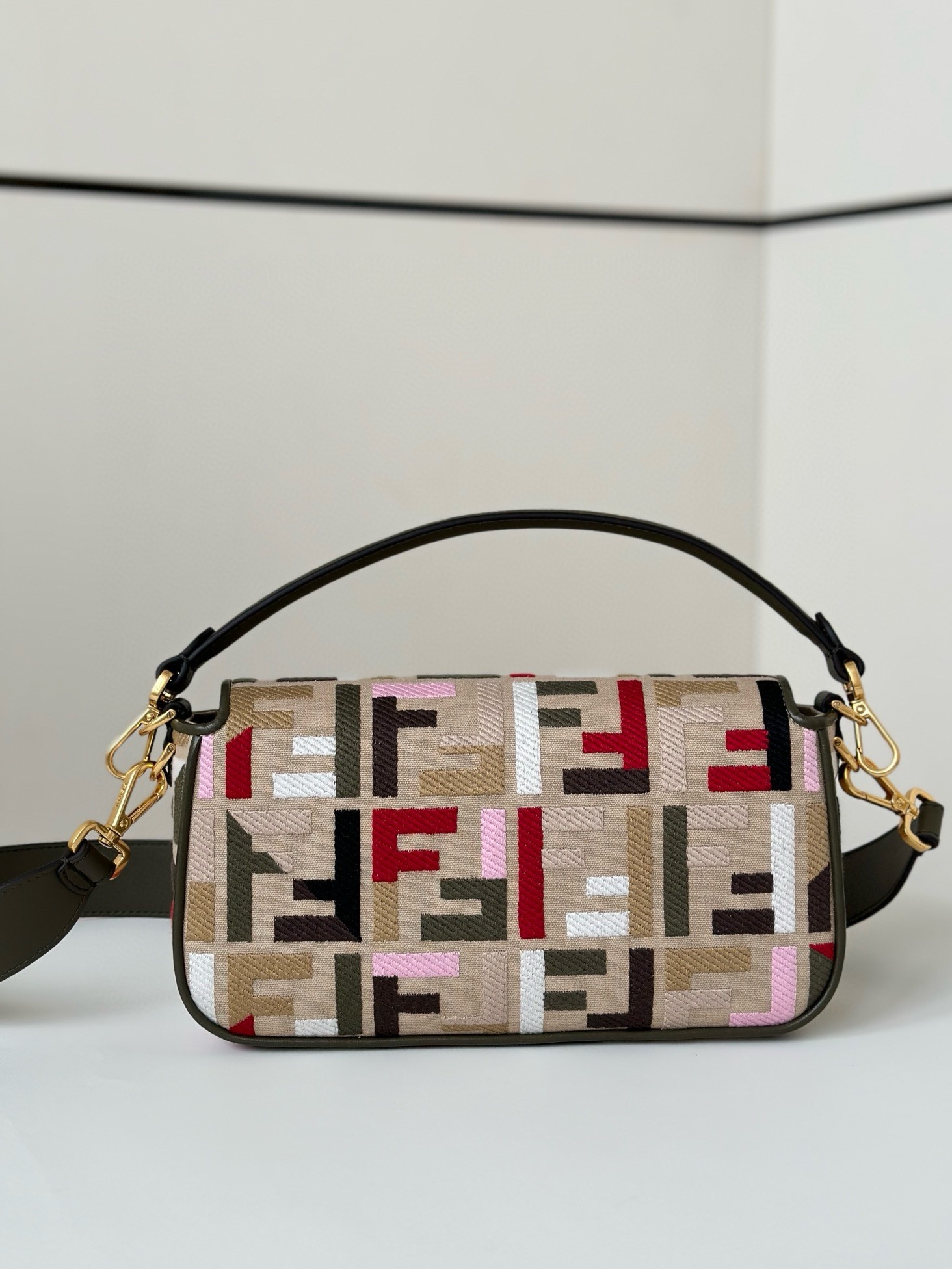 F**di baguette medium bag in canvas with multicolor ff embroidery
