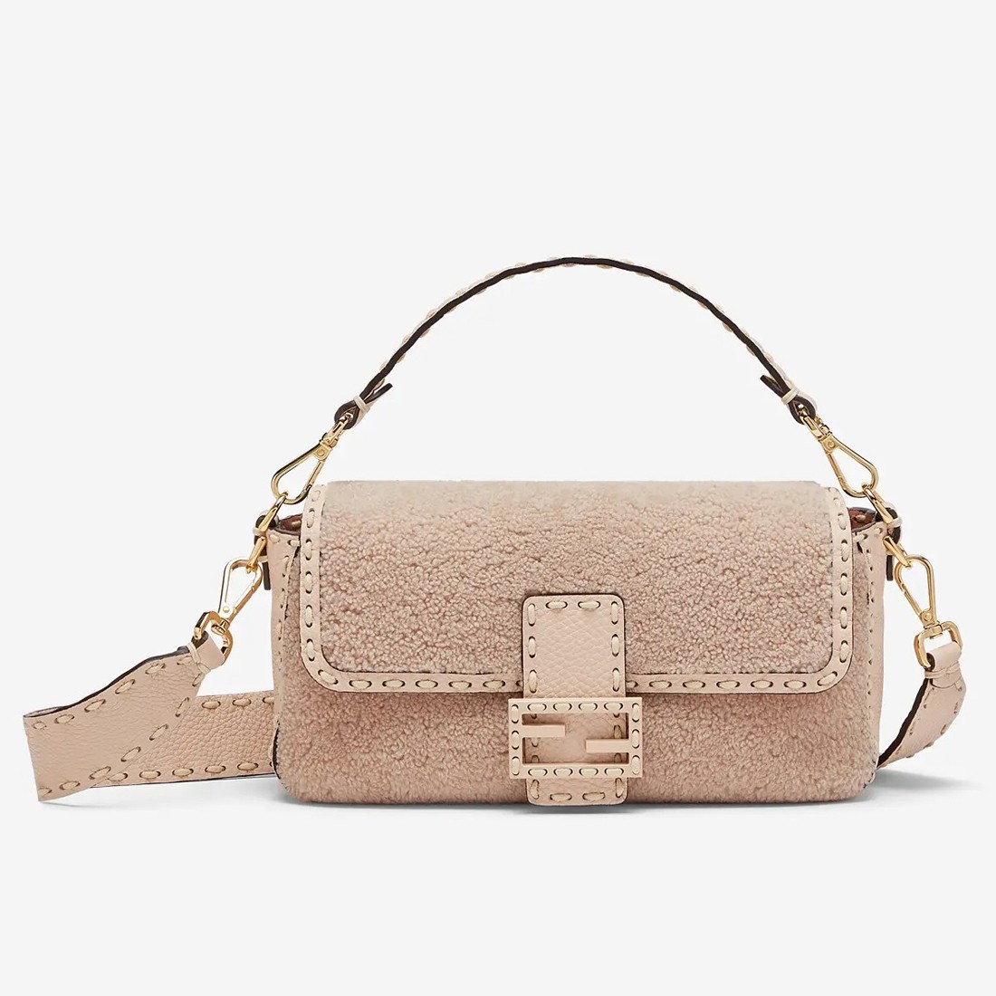 F**di medium baguette bag in beige shearling