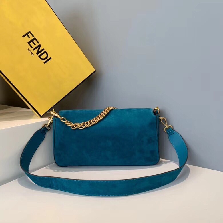 F**di medium baguette bag in blue suede leather