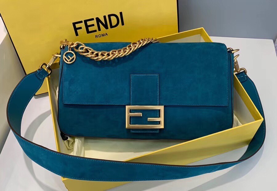 F**di medium baguette bag in blue suede leather